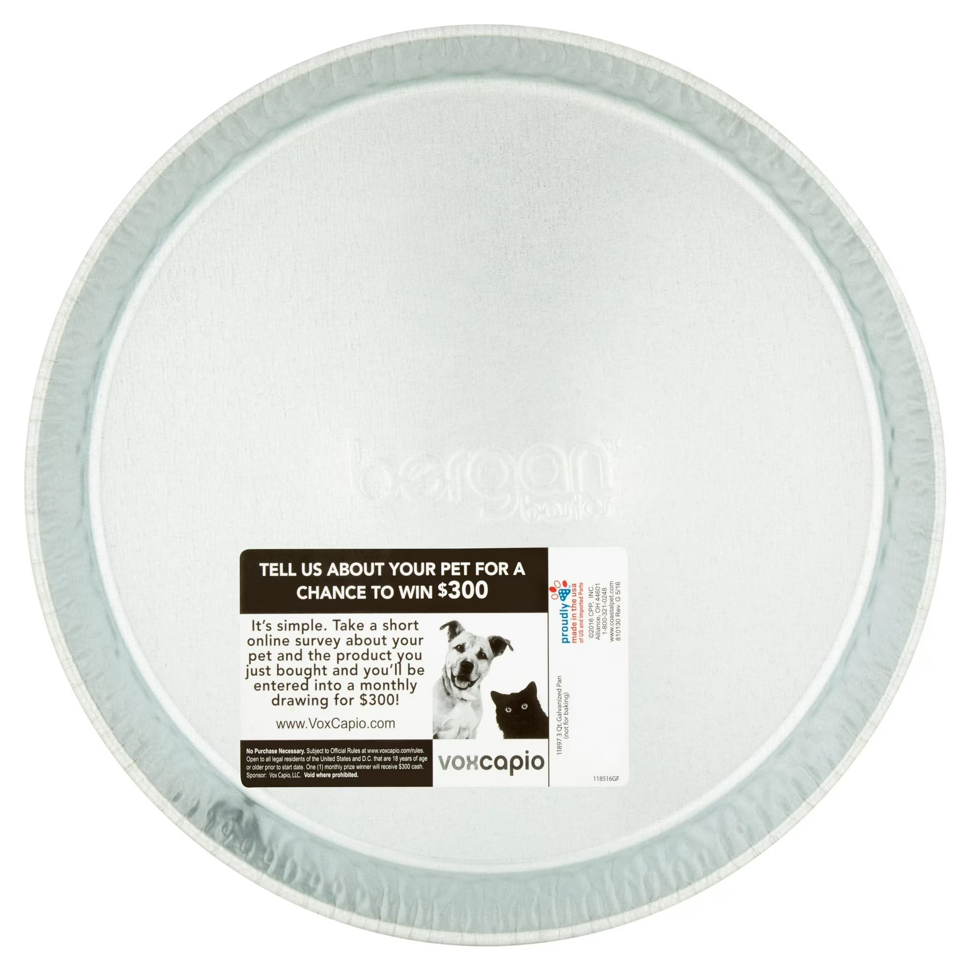 Bergan Galvanized Pet Pan 3 Quart Silver Durable Low Profile Dog Dish