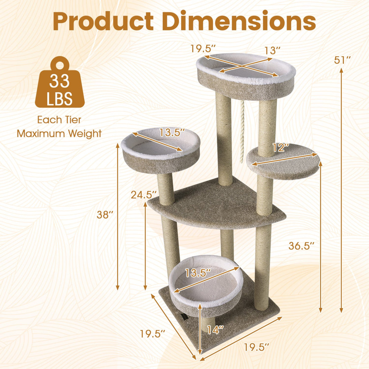 51"Carpeted Cat Tree with Comfy Plush Perches for Indoor Cats