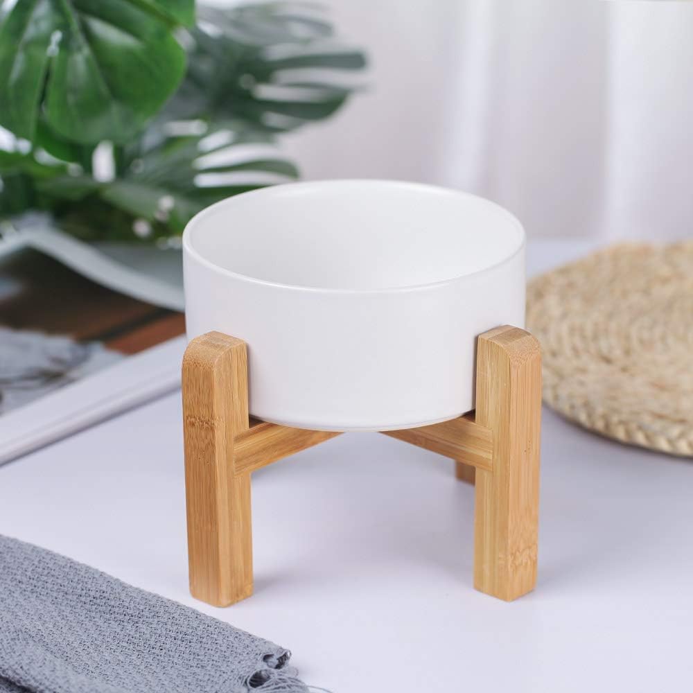 Elevated Cat Water Bowl, Ceramic Raised Cat Food Bowl with Adjustable Bamboo Stand, 5.1" Compact - Medium / White - image 2
