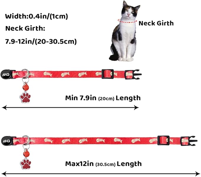 Personalized Breakaway Cat Collars Glow-in-The-Dark with ID Tag, Bell - Safety Quick - Release, Customizable for Female Male Kittens & Cats (Red)