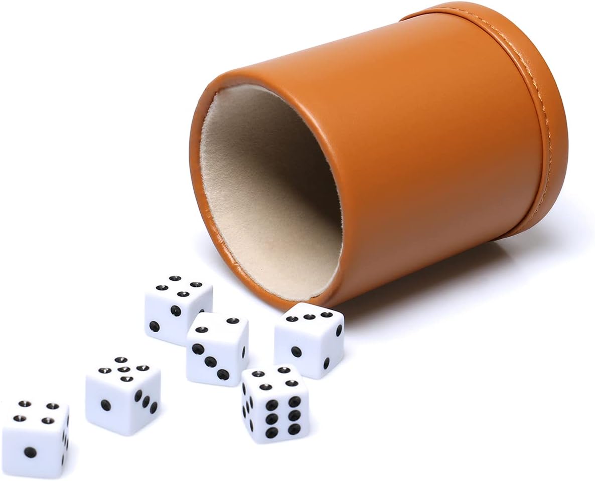 Felt Lined PU Leather Dice Cup Set with 6 Dot Dices – Fun for Kids & Family - Camel