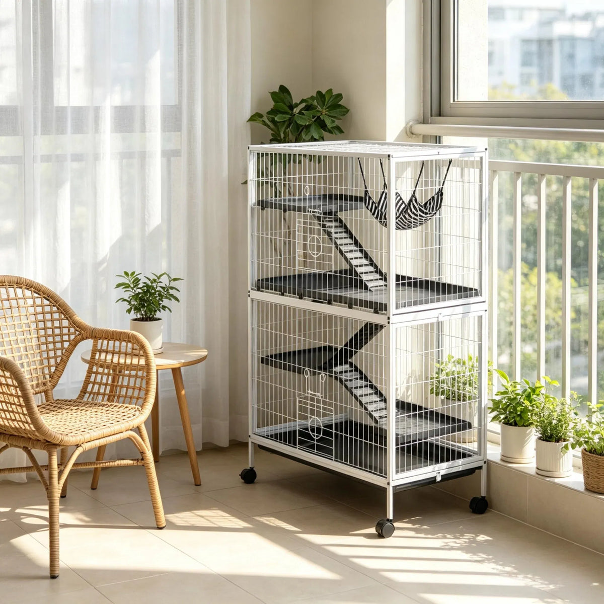 50 Inch Tall Rolling Ferret Chinchilla Cage Small Animal Pet Habitat with Hammock, 4 Doors, Removable Tray