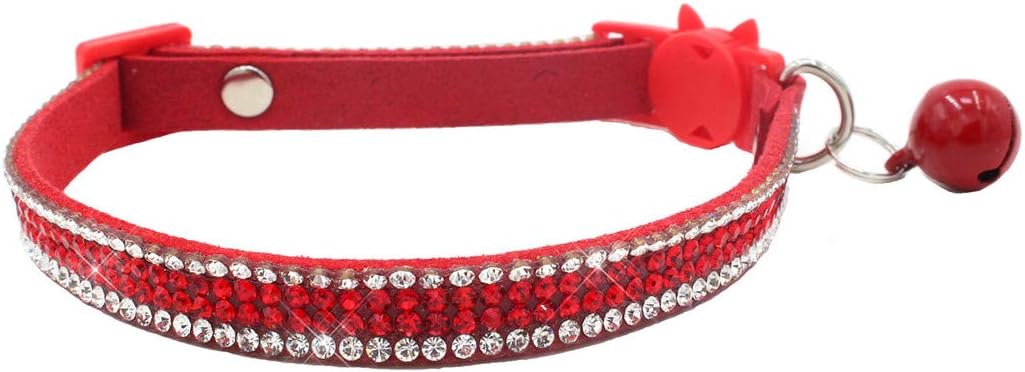 THAIN Basic Adjustable Cat Collar Bling Diamond Breakaway with Bell - Red