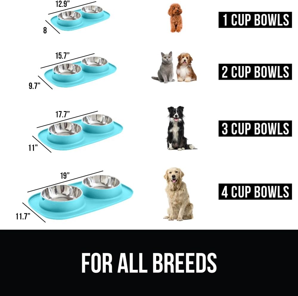GORILLA GRIP Dog Bowl Set with Feeding Mat - Turquoise / 3 Cup Bowls - image 3