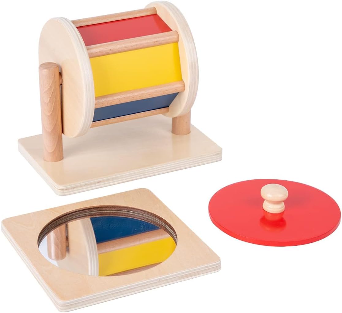 Adena Montessori Play Kit: Knob Puzzle, Drum & Ball, 6-12m – Fun for Kids & Family - Mirror Peekaboo Knob Puzzle & Spinning Drum