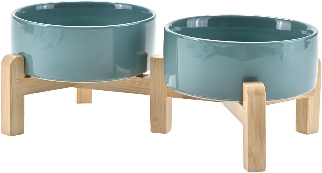 SPUNKYJUNKY Elevated Dog Bowls Ceramic - 5.1 in - 1.7 cups / Dark Green