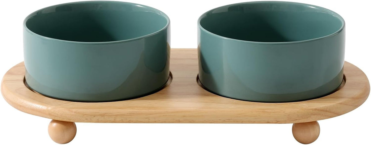 Cat Bowls Set of Two, 5.1” Ceramic Cat Food Bowls - Dark Green / 2 Bowls+Tray - 6.1"
