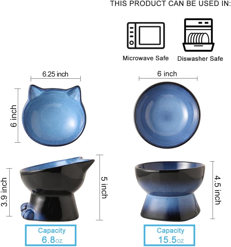 Nihow Ceramic Basic Cat Bowls: 5 Inch Cat Bowl for Food & Water – Essentials for Cats - 6.8 OZ+15.5 OZ / Blue & Black - image 2