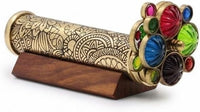 Roorkee Instruments etched floral brass kaleidoscope with two bead wheels on a hardwood stand - view 3