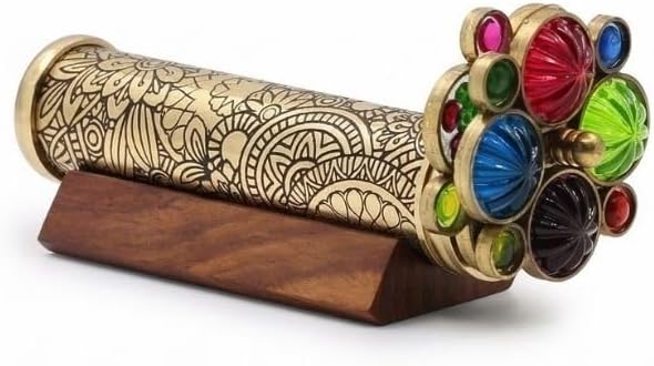 Roorkee Instruments etched floral brass kaleidoscope with two bead wheels on a hardwood stand - view 3