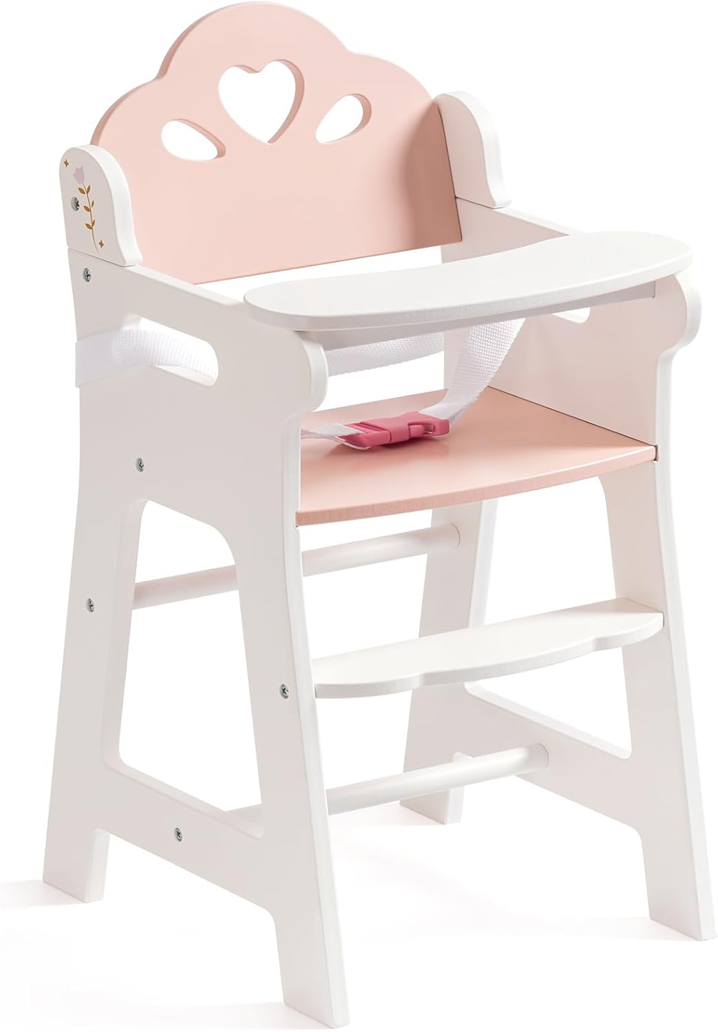 ROBOTIME wooden doll high chair with tray, footrest and flower shaped back in white and pink - view 2