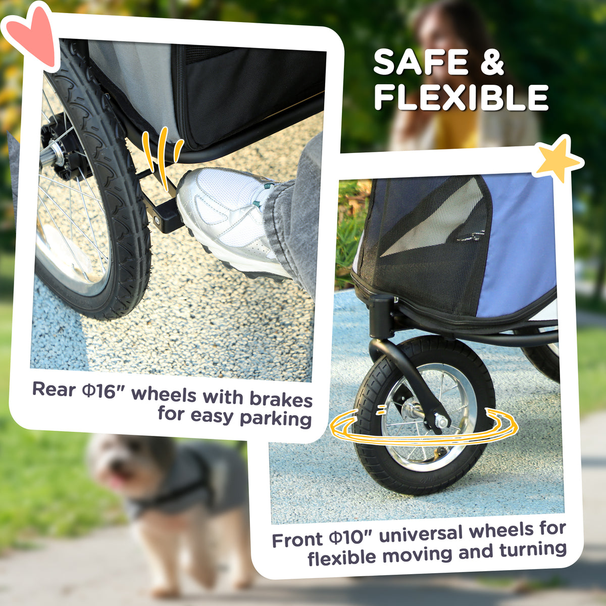 3 Wheels Dog Stroller W One-Hand Fold, Rubber Wheels, Storage Bag, Soft Cushion, For Small & Medium Dogs, Blue