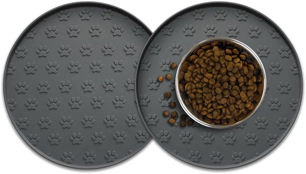 Pet Feeding Mat, Waterproof Anti-Slip Placemats for Dog Cat Bowl Silicone Pet Food Mat, Raised Edge - 2 Grey / 10.9"L x 10.9"W - image 2