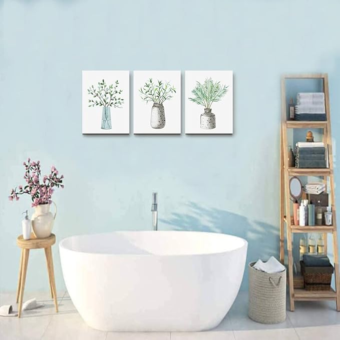 AHUASJART Canvas Wall Art - Paintings for Kitchen, Dining Room, Family Wall Decor - Green Leaf Vase, 3 Piece