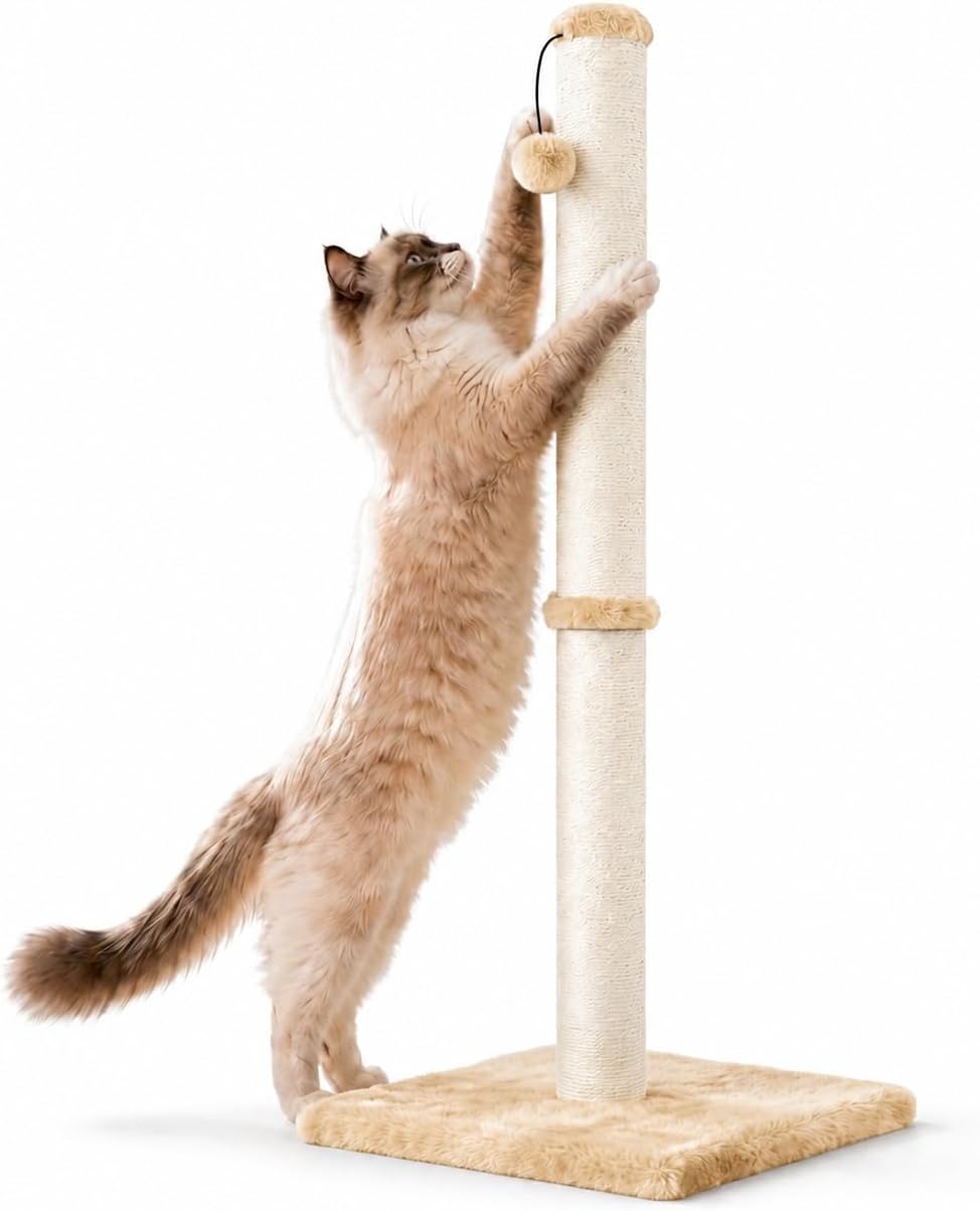 Dimaka Tall Cat Scratching Post Tree Scratcher with Sisal Rope - Light Brown / 34 inches for Large Cats