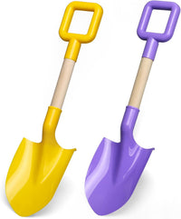 Dilabnba two 16 inch beach sand shovels with wooden handles and blue and green blades