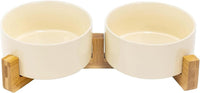 SPUNKYJUNKY Ceramic Dog and Cat Bowl with Wood Stand Non-Slip Matte - 3.6 cups / Beige × 2