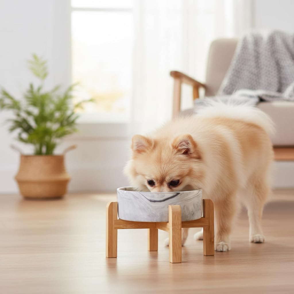 Elevated/Raised Ceramic Dog Bowl with Bamboo Stand，6 Inch 3.6 Cups - Marble Gray / Medium - image 4