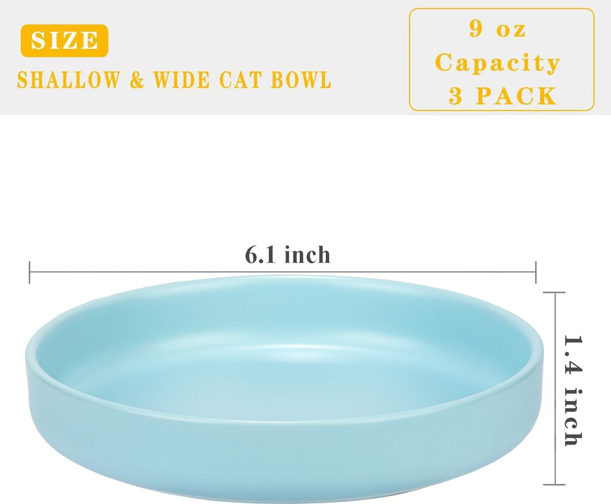 Ceramic Cat Bowls, Shallow Cat Dishes for Food and Water - Blue-3pack - image 3
