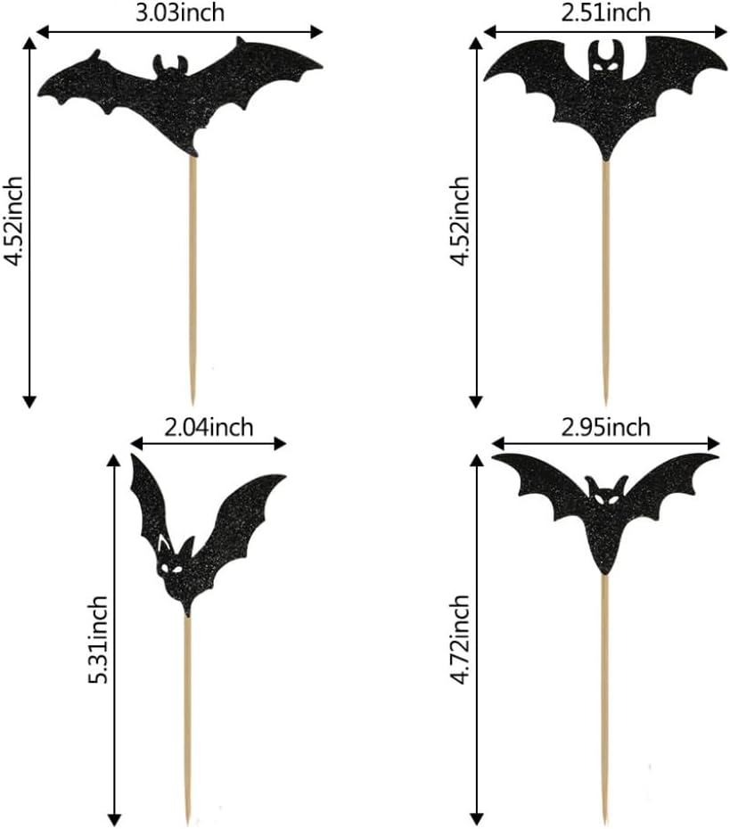 12 black glitter Halloween bat cupcake toppers in 4 patterns on cupcakes - view 9