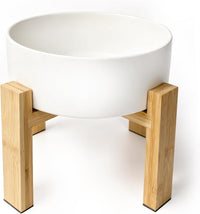 Elevated Cat Water Bowl, Ceramic Raised Cat Food Bowl with Adjustable Bamboo Stand, 5.1" Compact - Large / White