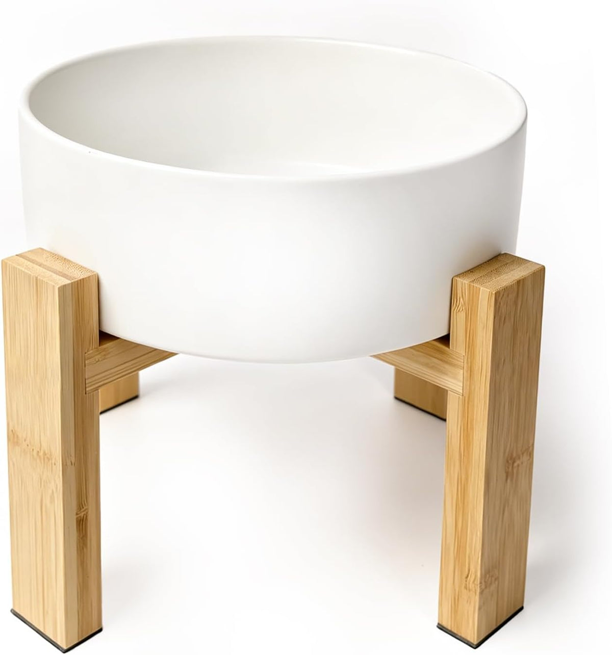 Elevated Cat Water Bowl, Ceramic Raised Cat Food Bowl with Adjustable Bamboo Stand, 5.1" Compact - Large / White