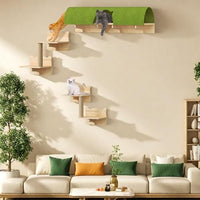 Cat Wall Shelves and Perches, Solid Wood Wall Cat Furniture, Set of 7 Feline Climbing Shelves with Bed, Steps, Scratching Post and Tunnel