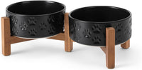 SPUNKYJUNKY Ceramic Dog Bowls with Acacia Wood Stand - 13.52 oz / Dog Paw Black