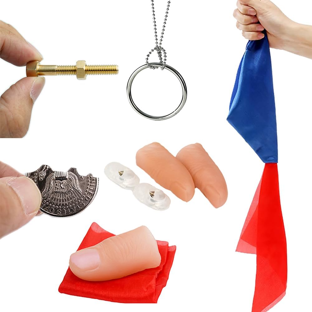 Neliky magic tricks kit with bite coin, color change silk, fake thumb, ring chains and rotating nut - view 2