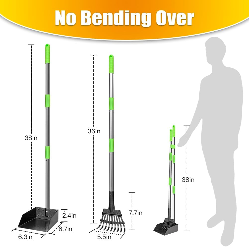 Pooper Scooper, Dog Pooper Scooper Long Handle Stainless Metal Tray and Rake for Medium Small Dogs - 1. Rake + Tray - image 2
