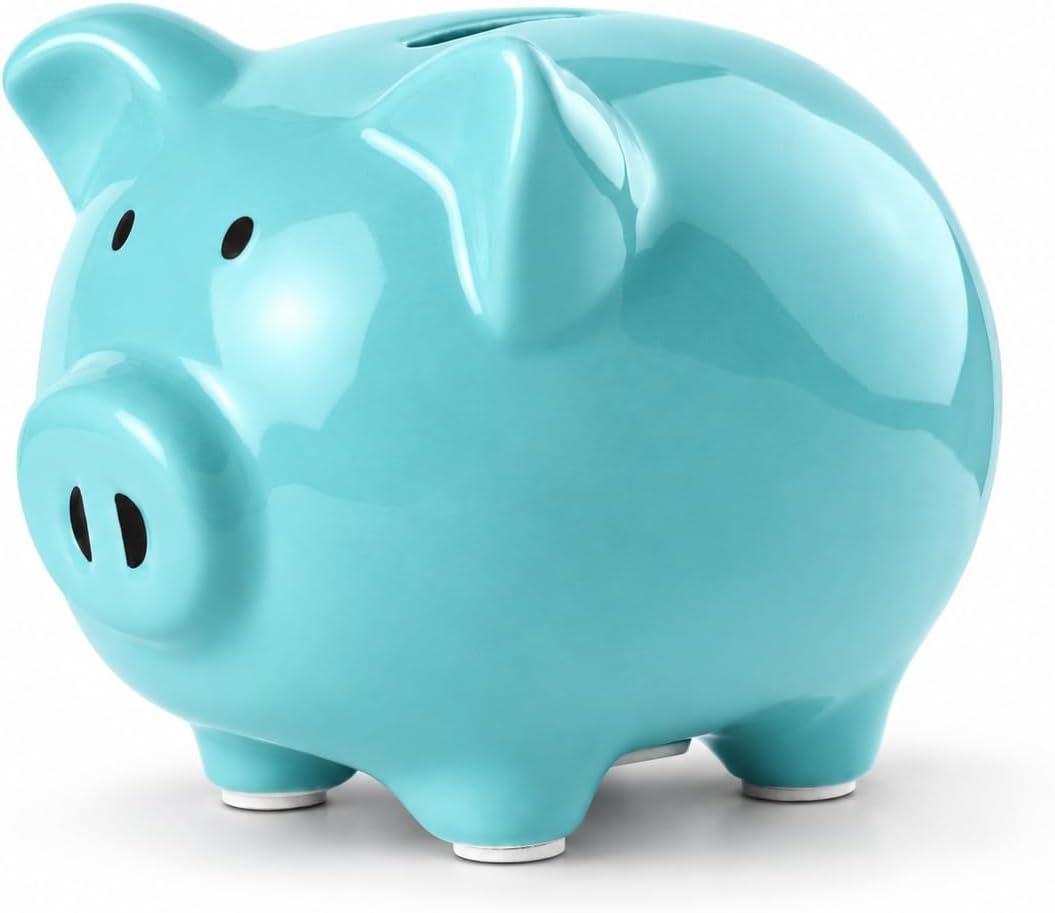 SOBEIT Piggy Bank for Kids Girls Boys, Glazed Ceramic Coin Bank - Style 1 Blue