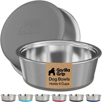 GORILLA GRIP Dog Bowl Set, Food Grade 304 Stainless Steel, 8 Cup - Gray / 4 Cup (Set of 2)