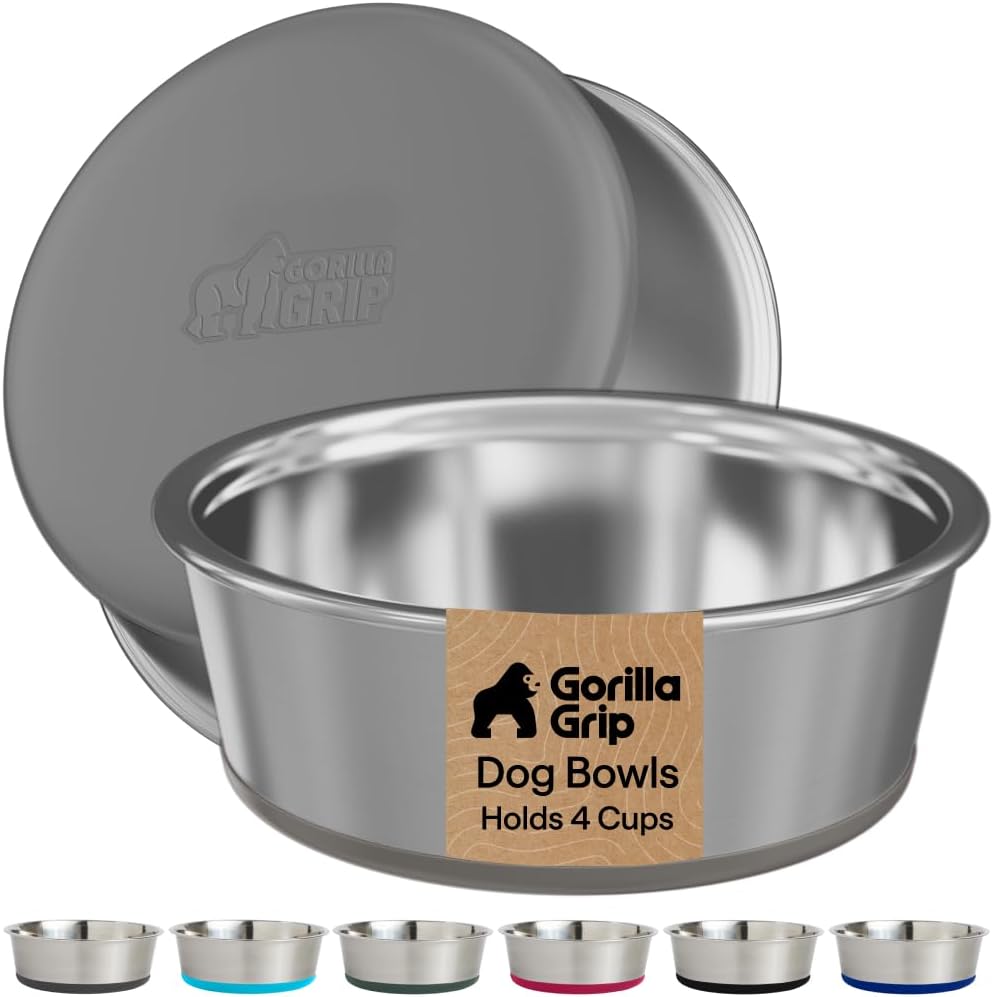 GORILLA GRIP Dog Bowl Set, Food Grade 304 Stainless Steel, 8 Cup - Gray / 4 Cup (Set of 2)