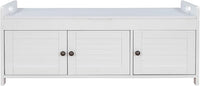 Storage Bench with 3 Shutter-Shaped Doors, Pine Wood Shoe Bench with Removable Cushion and Hidden Storage Space for Living Room, Entryway 43.5" L x 16" W x 18" H (White)