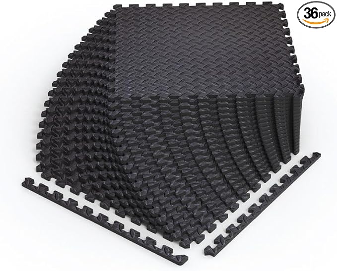 Norsk Foam Floor Gym Mats with Interlocking Tiles, .47" Thick, 24"x24", 36-Pack, 144 Square Feet, Diamond Plate Design, Black