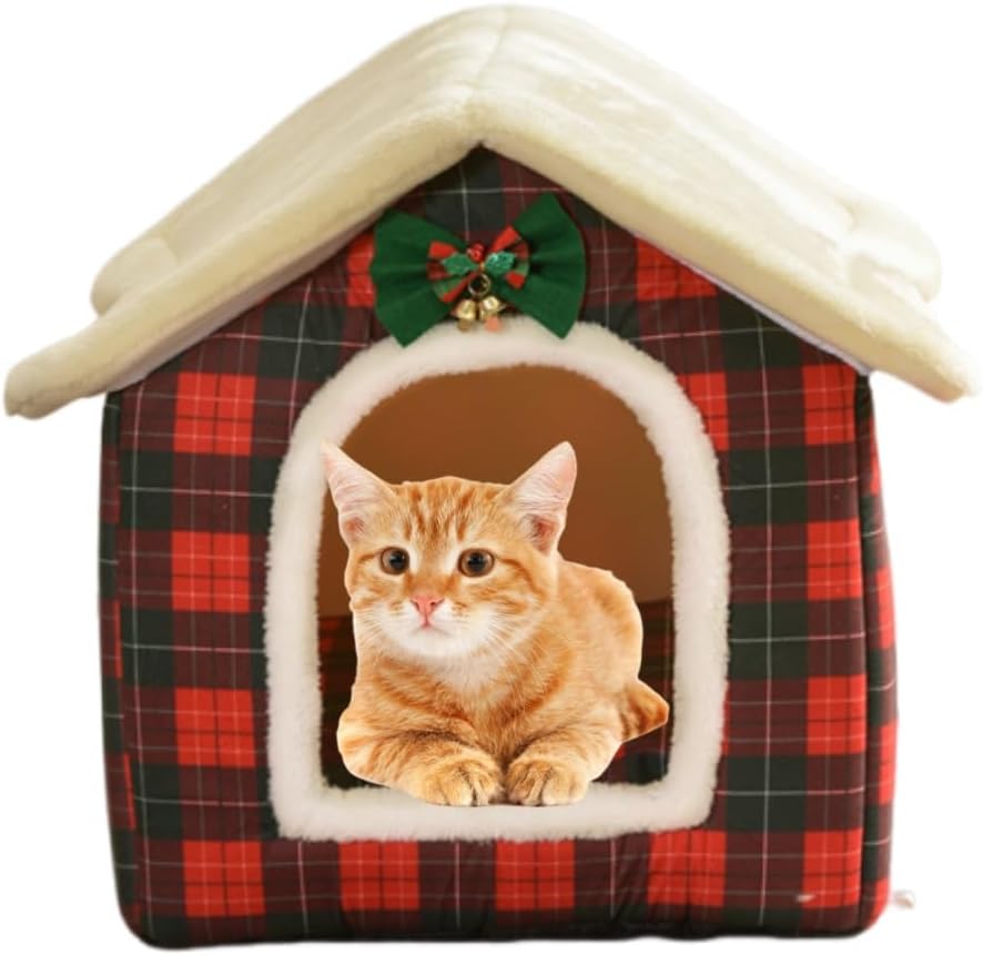 Cat Beds for Indoor Cats Small Dog - Christmas Plaid-M(18x14.6x15.7in)