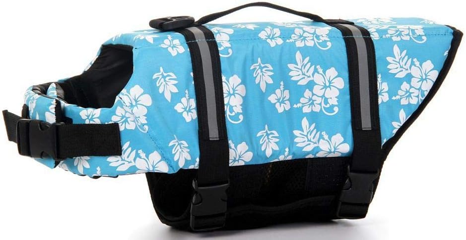 Dog Life Jacket Adjustable Dog Lifevest Swimsuit Safety Vest Apparel - A-Blue Flower / XS:12-16 inch(Ribcage Girth)