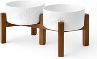 SPUNKYJUNKY Ceramic Dog Bowls with Acacia Wood Stand - 28.74 oz / Dog Paw White