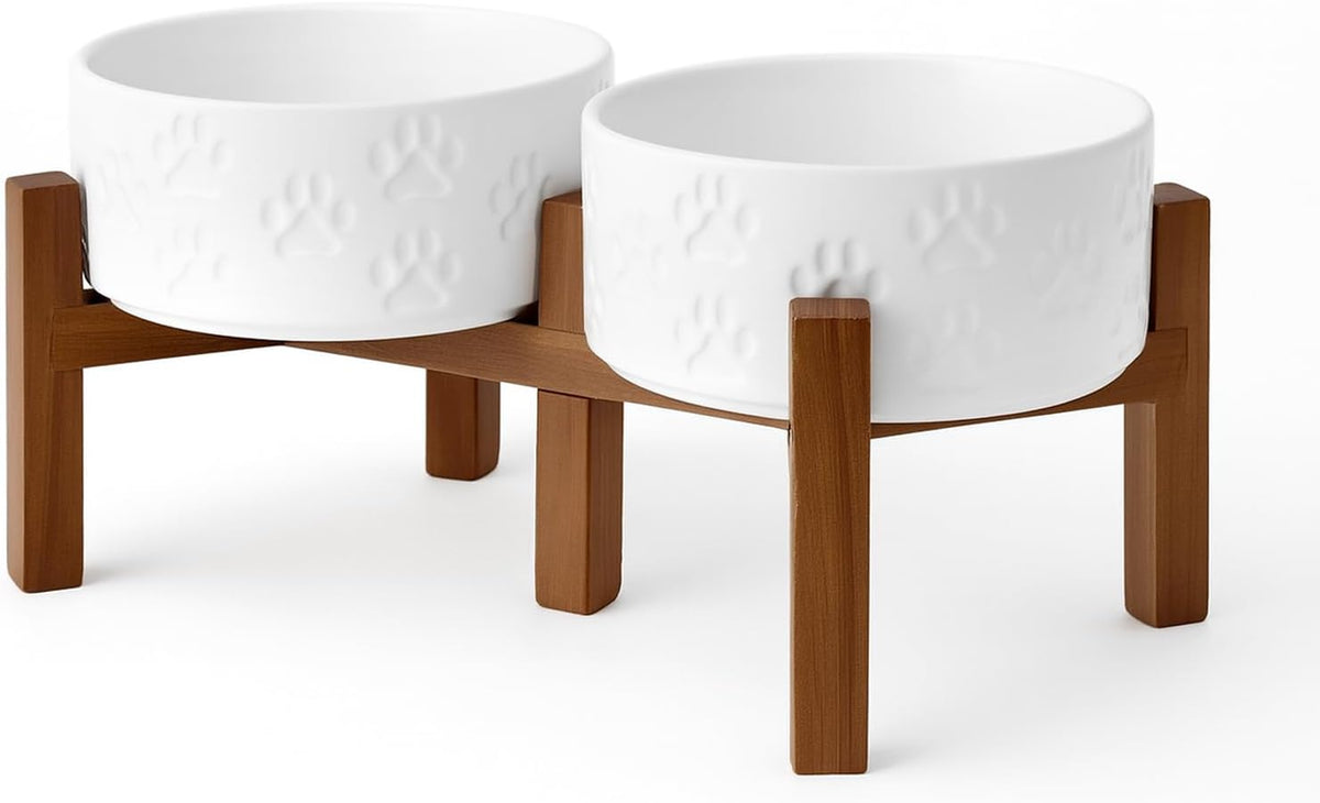SPUNKYJUNKY Ceramic Dog Bowls with Acacia Wood Stand - 28.74 oz / Dog Paw White