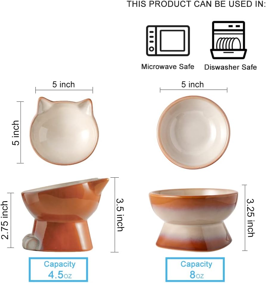 Nihow Ceramic Basic Cat Bowls: 5 Inch Cat Bowl for Food & Water – Essentials for Cats - 4.5 OZ+8 OZ / Brown - image 2