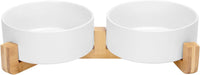 SPUNKYJUNKY Ceramic Dog and Cat Bowl with Wood Stand Non-Slip Matte - 5 cups / White × 2