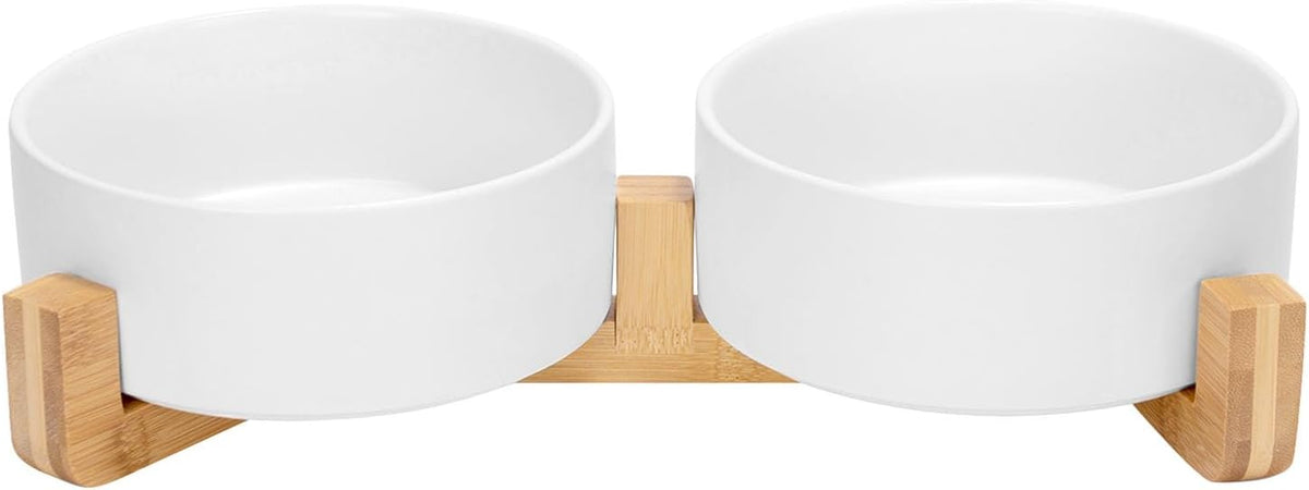 SPUNKYJUNKY Ceramic Dog and Cat Bowl with Wood Stand Non-Slip Matte - 5 cups / White × 2