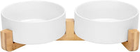SPUNKYJUNKY Ceramic Dog and Cat Bowl Set with Wooden Stand, Modern Cute Weighted Food Water Bowl Set for Medium to Large Size Dogs (42 OZ, 2 × White)