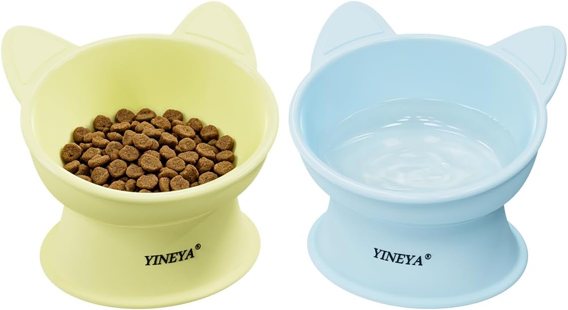 YINEYA 2 Pack Cat Food Bowls Elevated Design for Neck Comfort - Yellow&Blue