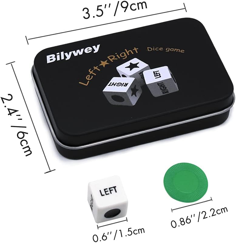 Bilywey Left Right Dice Game Set with 3 Dices + 36 Black Chips – Fun for Kids & Family - Green - image 4