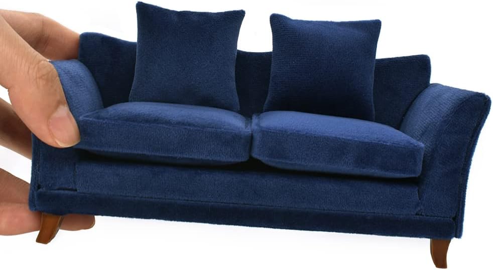 iLAND 1:12 scale dollhouse couch in turquoise blue velvet with two cushions and two pillows - view 3