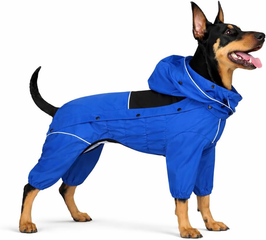 LOVELONGLONG Waterproof Dog Raincoat with Removable Hood - Blue / 3XL (Back 22")