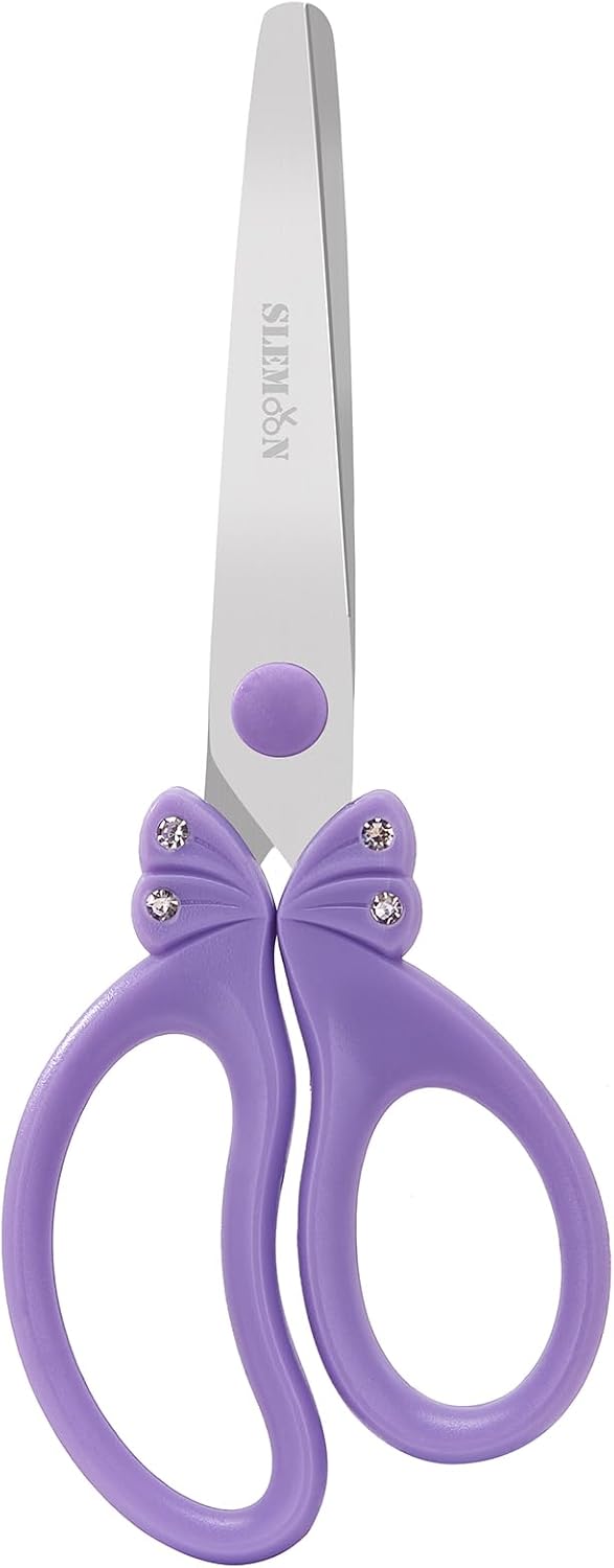 SLEMOON blunt tip kids scissors with pink glitter handle and rhinestone bow