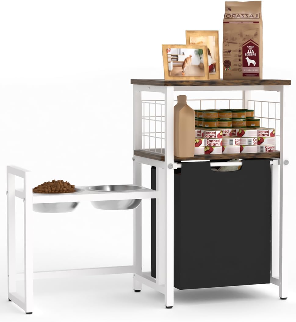 30.6Long x 26.2 High Elevated Dog Bowl Stand with Storage - White