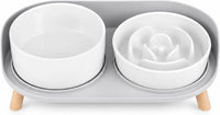 Elevated Slow Feeder Dog Bowls with Splash Proof Stand - Medium / White